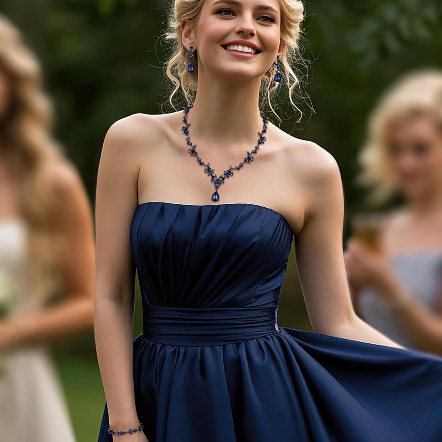 BriLove Wedding Jewelry Set for Women Bride, Y-Necklace Tennis Bracelet Dangle Earrings Crystal Teardrop Marquise Cluster for Bridal Bridesmaid