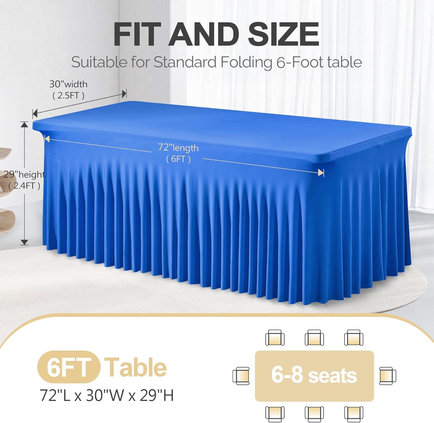 PARTISKY Royal Blue Spandex Tablecloth for 6ft Rectangle Tables, Stretchable Table Cover Skirt for Folding Tables Weddings Parties Banquets Events Trade Shows and Dessert Table