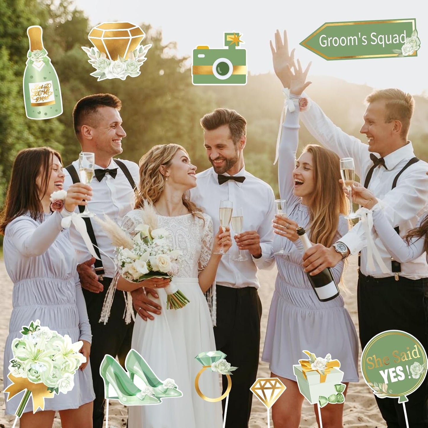 SUNBEAUTY 38 PCS Sage Green Wedding Photo Booth Props,Bridal Shower Photo Props, Engagement Party Decorations, Wedding Decorations for Ceremony Outside, Wedding Party Supplies for Girls