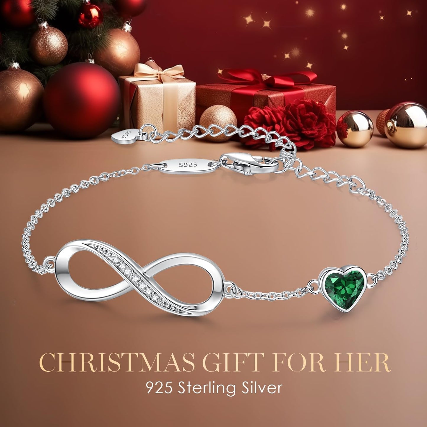CDE Infinity Heart Birthstone Charm Link Bracelet for Women 925 Sterling Silver Adjustable Mother's Day Christmas Day Gift Anniversary Birthday Jewelry for Wife Girlfriend Her