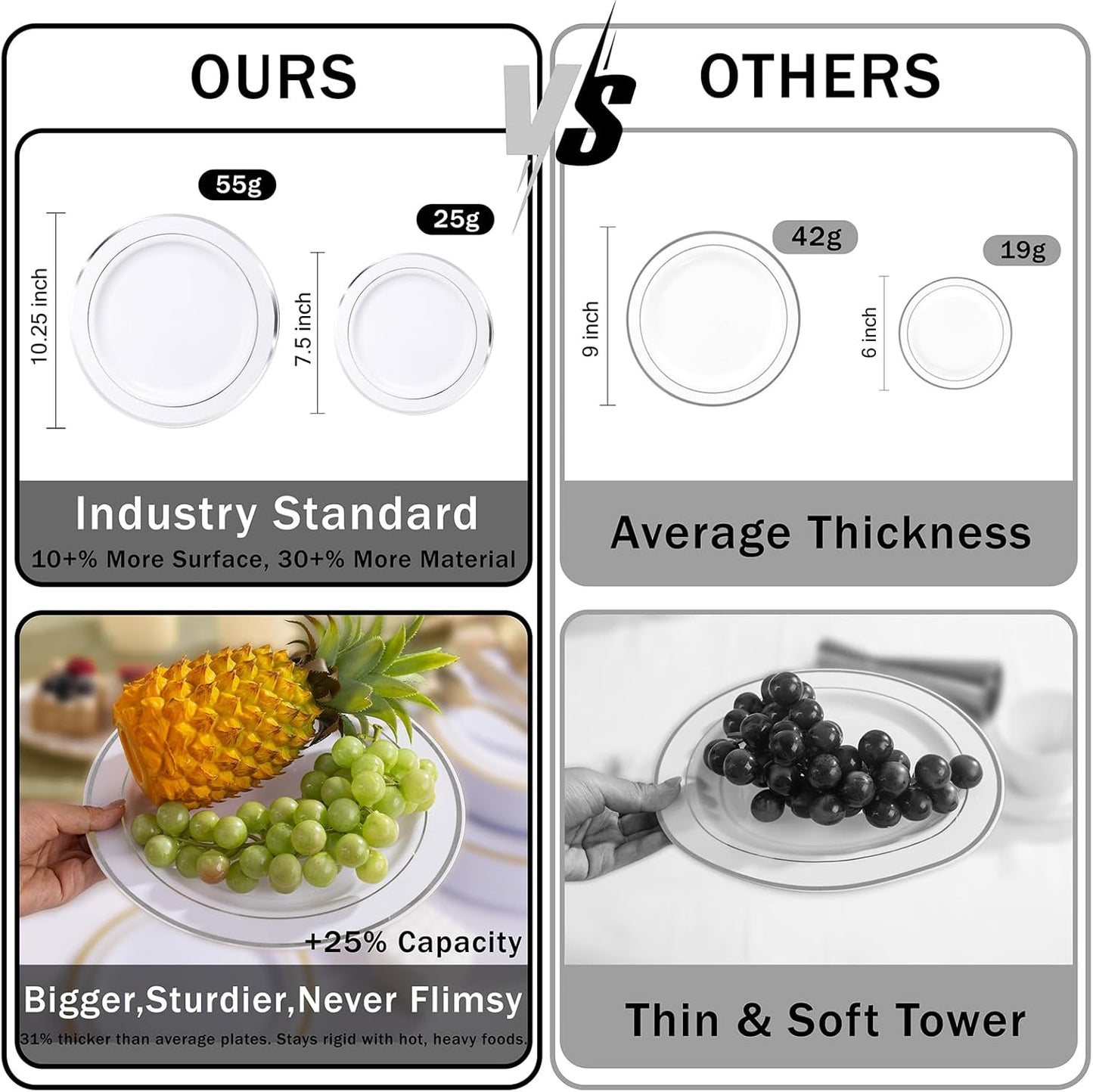 WELLIFE 350-Piece Silver Plastic Dinnerware Set - Disposable 10.25" Dinner Plates, 7.5" Dessert Plates, 9oz Silver Rim Cups & Cutlery for Weddings - 50 Guest Service - Elegant Disposable Silverware