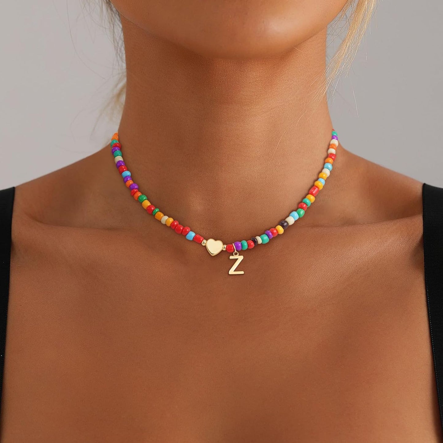 Christmas Gifts for Grandkids Teens Girls - Colorful Beaded Initial Necklace Teen Girl Gifts Trendy Stuff Dainty Letter Choker Necklace Stocking Stuffers for Teen Girls Women Jewelry