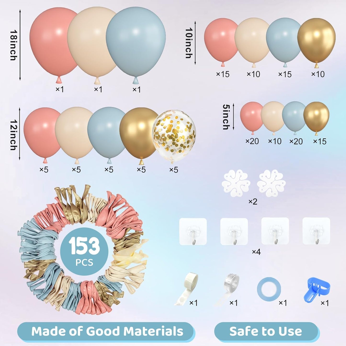Amandir 153pcs Pink Blue Balloon Garland Arch Kit, Different Sizes 18 12 10 5 inch Dusty Pink Blue Nude Latex Metallic Confetti Gold Balloons for Gender Reveal Neutral Bear Baby Shower Decorations