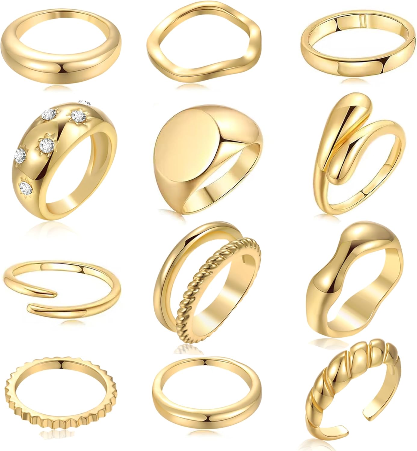 FAXHION 12PCS Gold Stackable Rings Set for Women, 18K Gold Plated Open Stacking Knuckle Ring, Adjustable Chunky Signet Band Statement Ring for Gift