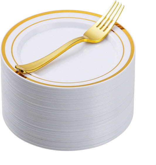 Goodluck 120PCS 7" Gold Dessert Plastic Plates with 7.4" Forks, Gold Appetizer Plates for 60 Guests, Including 60 Disposable Cake Plastic Plates and 60 Forks for Wedding/Birthday Party