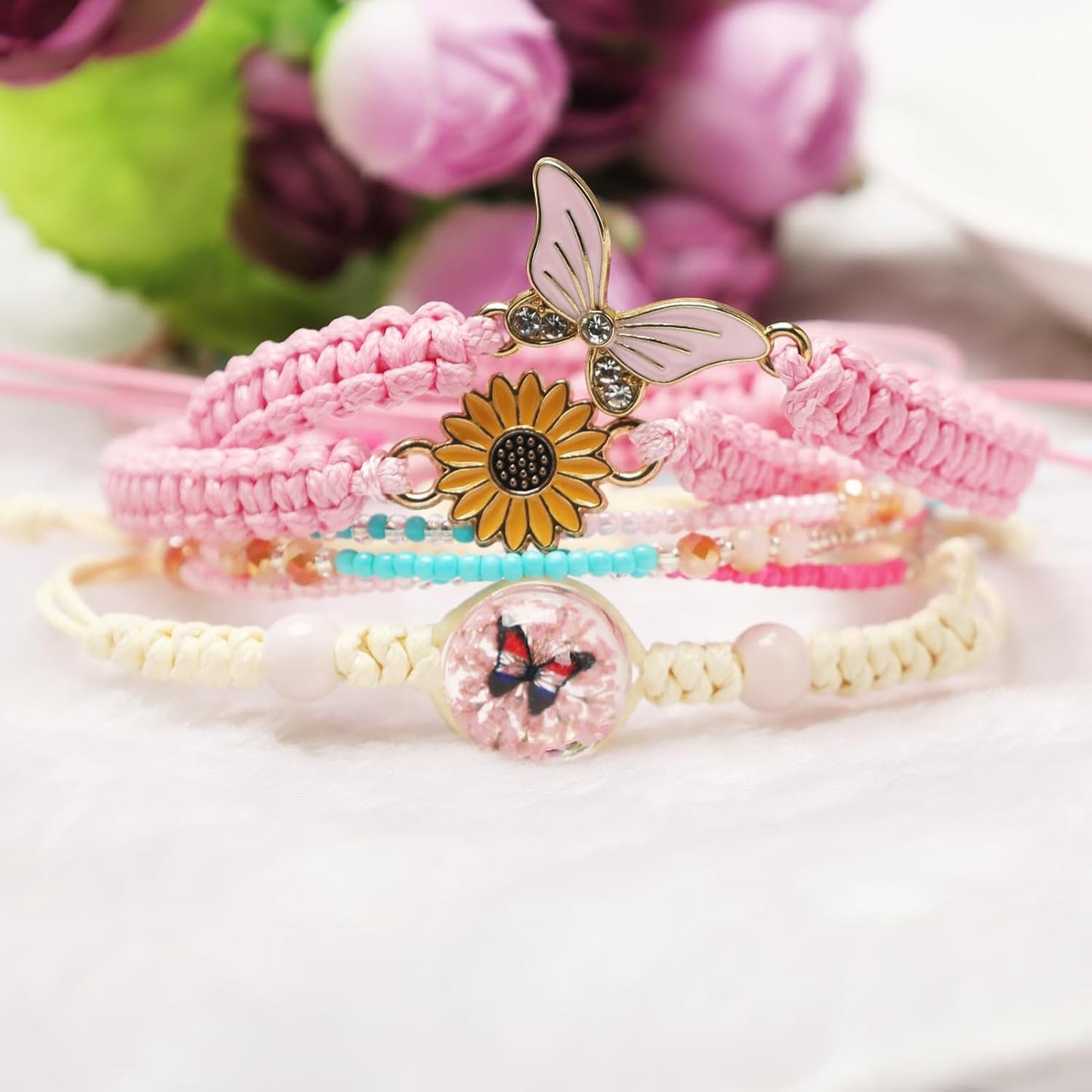 DS 4PCS String beads Charm Bracelets for Teen Girls Dainty cute cartoon Butterfly Daisy Eternal flower Beads Bracelets set for woman and girls Adjustable Stretch bracelet birthday Gift For Friends