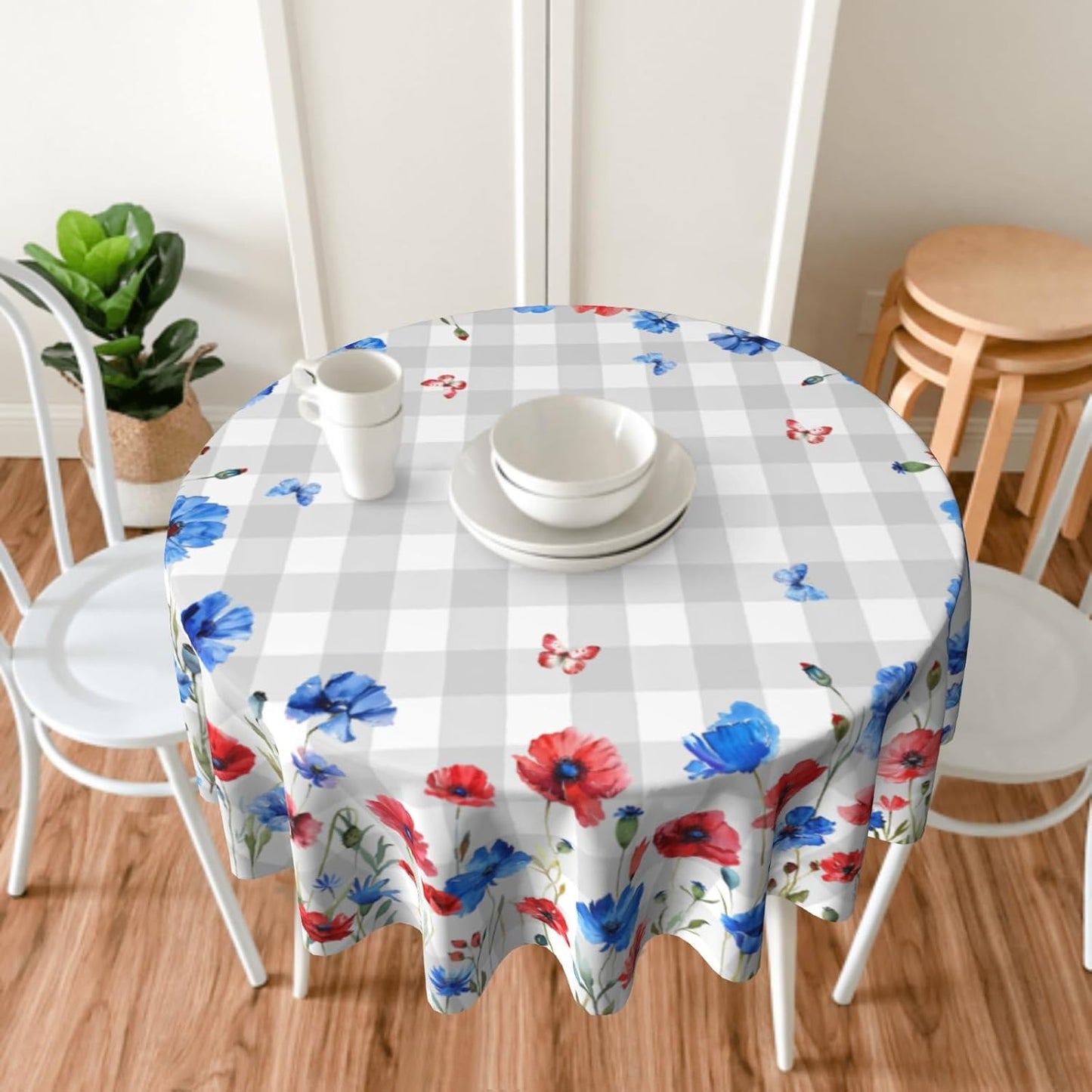 Giwawa Red Blue Floral Tablecloth Round 60Inch 4th of July Watercolor Poppy Flowers Table Cover with Gray Buffalo Plaids Patriotic Heat Resistant Table Cloth for Kitchen Dining Holiday Tabletop Decor