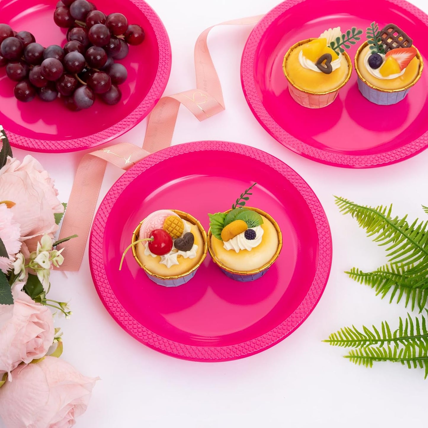 WELLIFE Hot Pink Party Plates 9 Inch -150 Count, Disposable Plastic Dinner Plates for Party Valentine's Day Girls' Birthday Baby Shower Wedding