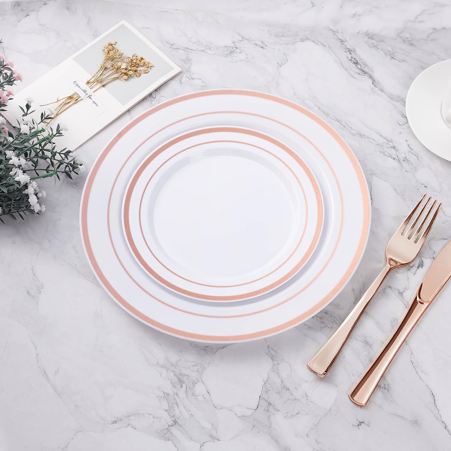BESTVIP 100PCS Rose Gold Plastic Plate, Disposable Party Plates with 50 Dinner and 50 Dessert Plates, Plastic Plate for Party, Wedding and Birthday
