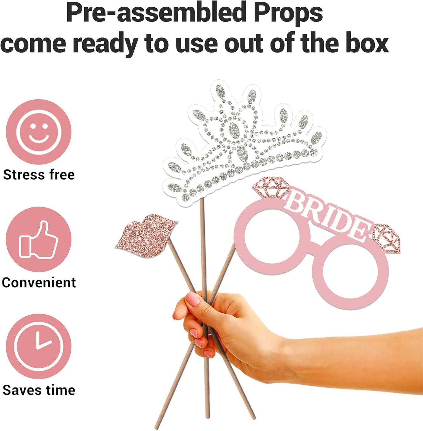 Fully Assembled Bachelorette Photo Booth Props - Set of 32 - Rose Gold, Pink, & Silver Signs, Wedding Bridal Shower Bachelorette Party Supplies & Decorations with Real Glitter - Did We Mention No DIY