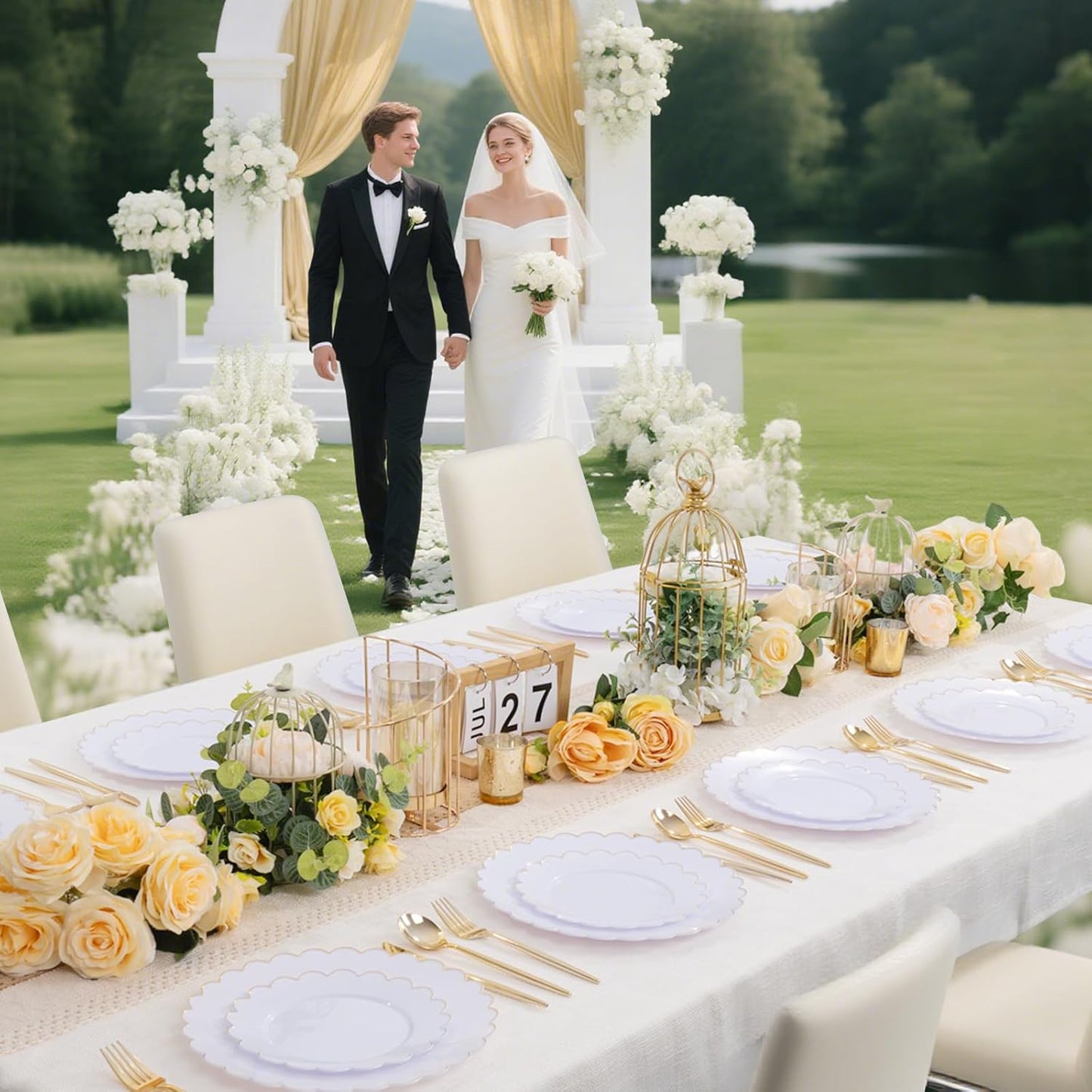 LIYH 120 Pcs White Plastic Plates Wedding Plates Disposable Heavy Duty Scalloped Plastic Plate Includes: 60 Dinner 10.25" & 60 Dessert Plate 7.5" Elegant Gold Rim Suitable for Bridal Shower Party