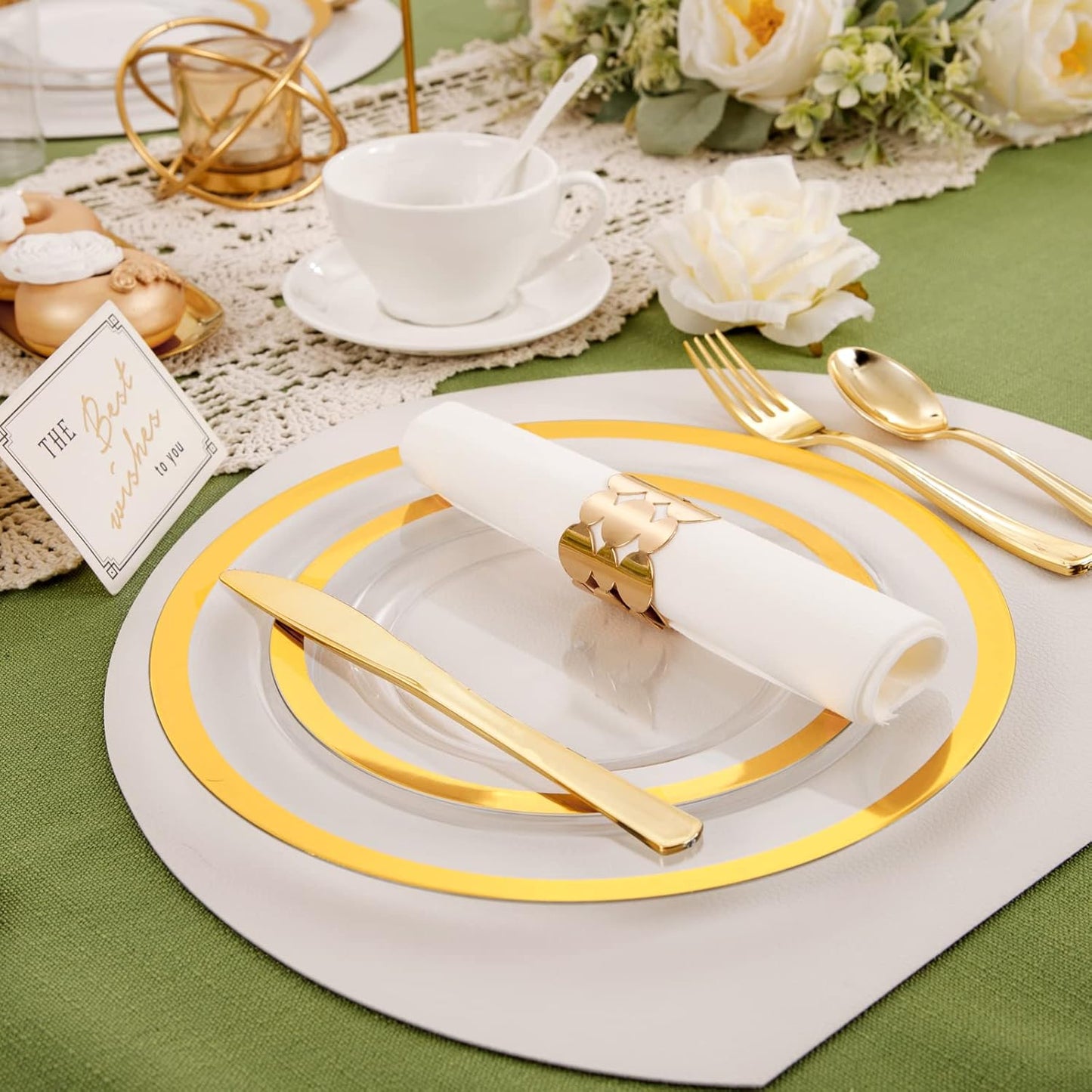 YOUBET 210PCS Thanksgiving Plastic Plates - Heavy Duty Clear Gold Disposable Plates Includes 30 Dinner Plate, 30 Dessert Plate, 30 Gold Cups, 30 Napkins for Thanksgiving Party & Wedding