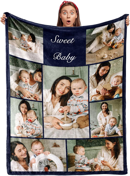 Ships Next Day, Custom Blanket with Photos Text Personalized Flannel Throw Blankets Customized Blanket for Baby Family Birthday Christmas Halloween Fathers Mothers Valentines Day Gift 60" W x 80" L