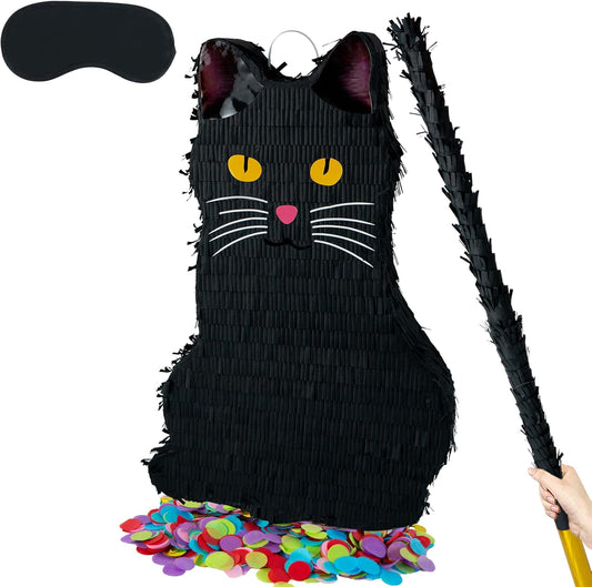 PCFING 21.6 Inch Halloween Cat Piñata with 30 Inch Piñata Stick Blindfold Confetti for Boy Girl Adults Halloween Scary Party Decorations，Candy Game，Trick Treat Party