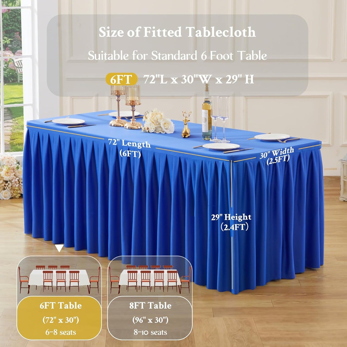2 Pack Royal Blue Rectangle Tablecloth 6 FT Stretch Spandex Fitted Table Cloth for 6 foot rectangle tables Banquet Tablecloths Wrinkle Free Table Cover Skirt Stitch Ruffle Tablecloth for Party Wedding