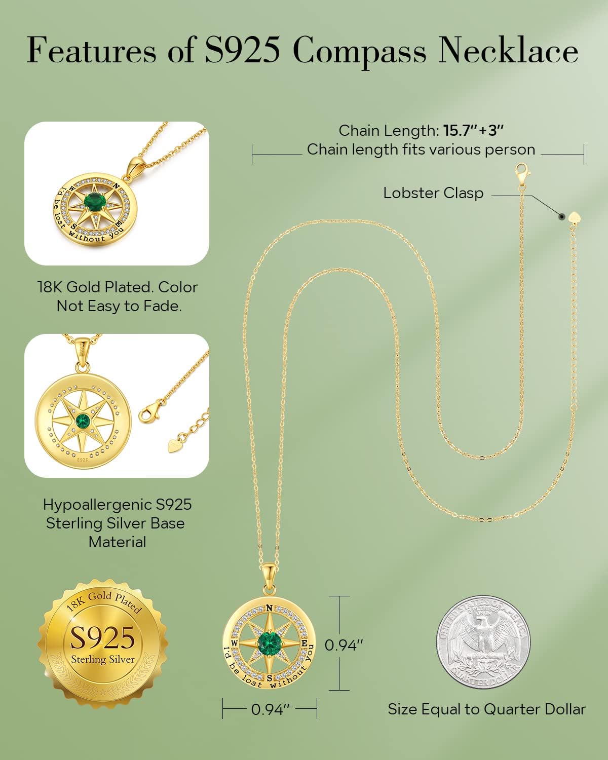 S925 Necklace Gift for Wife |Compass Jewelry |Women Anniversary |Sterling Silver |Girlfriend Birthday Gifts for Her Valentines |I'd be Lost without You |Jewel 18K Gold