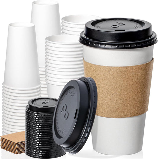 Fit Meal Prep 50 Pack 16 oz Disposable Coffee Cups with Lids, Sleeves, Leak-Proof To Go Coffee Cups with Lids, Durable Paper Cups for Hot Beverage, Home, Office, Party