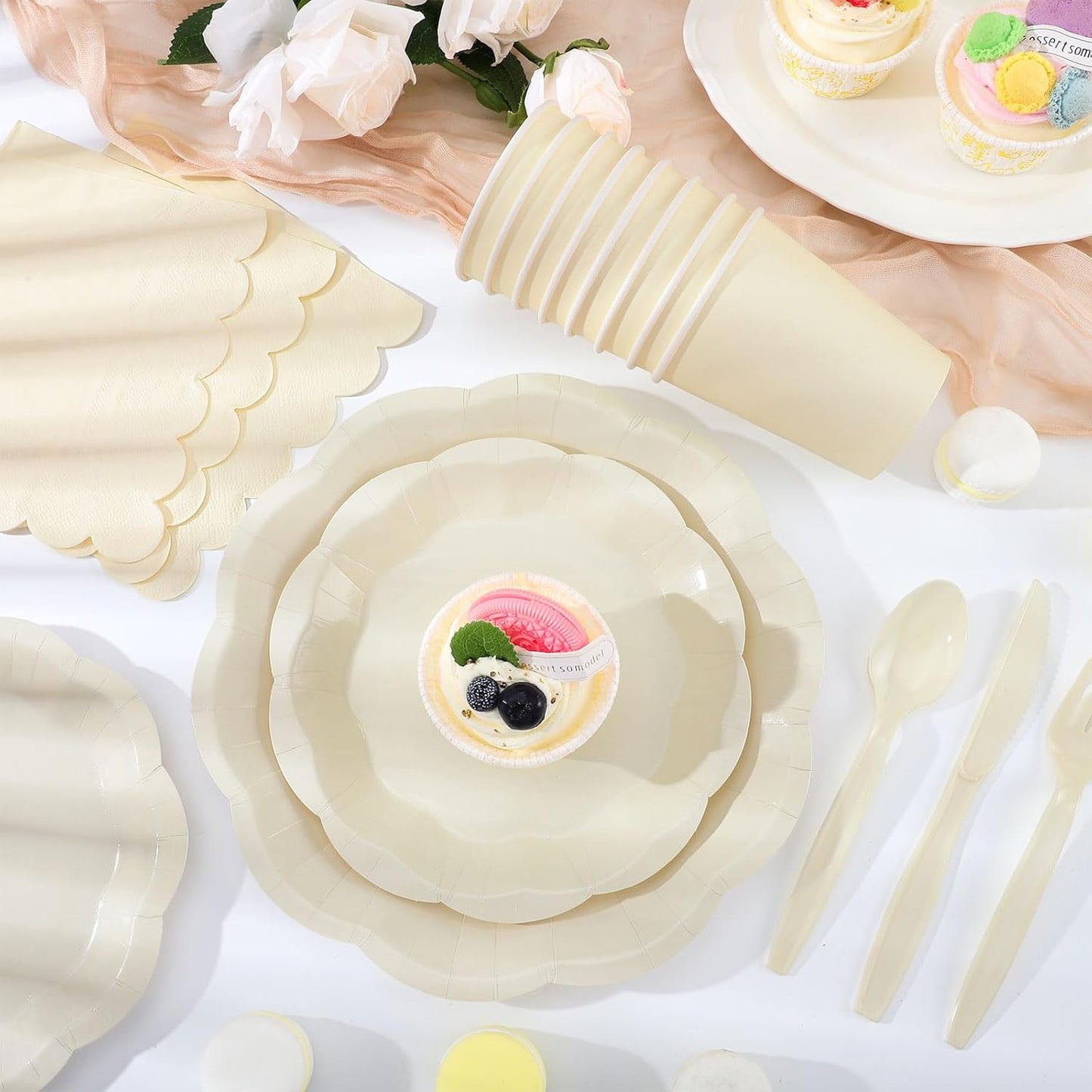 175 Pcs Thanksgiving Ivory Plates and Napkins Set, 25 Guest Cream Party Supplies Include Beige Scalloped Plate Paper Napkin Cup Fork Knives Disposable Plastic Cutlery for Wedding Baby Shower
