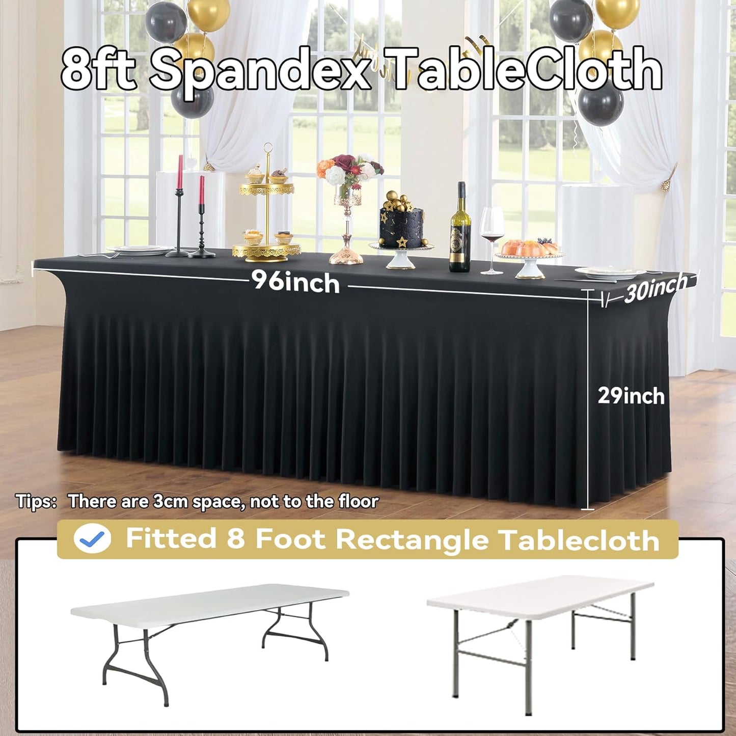 8 pk Black Spandex Tablecloth 8ft with Ruffled Skirt,Wrinkle Free High Stretch Fitted Tablecloths for 8 Foot Rectangle Tables,Pleated Elastic Spandex Table Covers 6ft for Parties Wedding Banquet