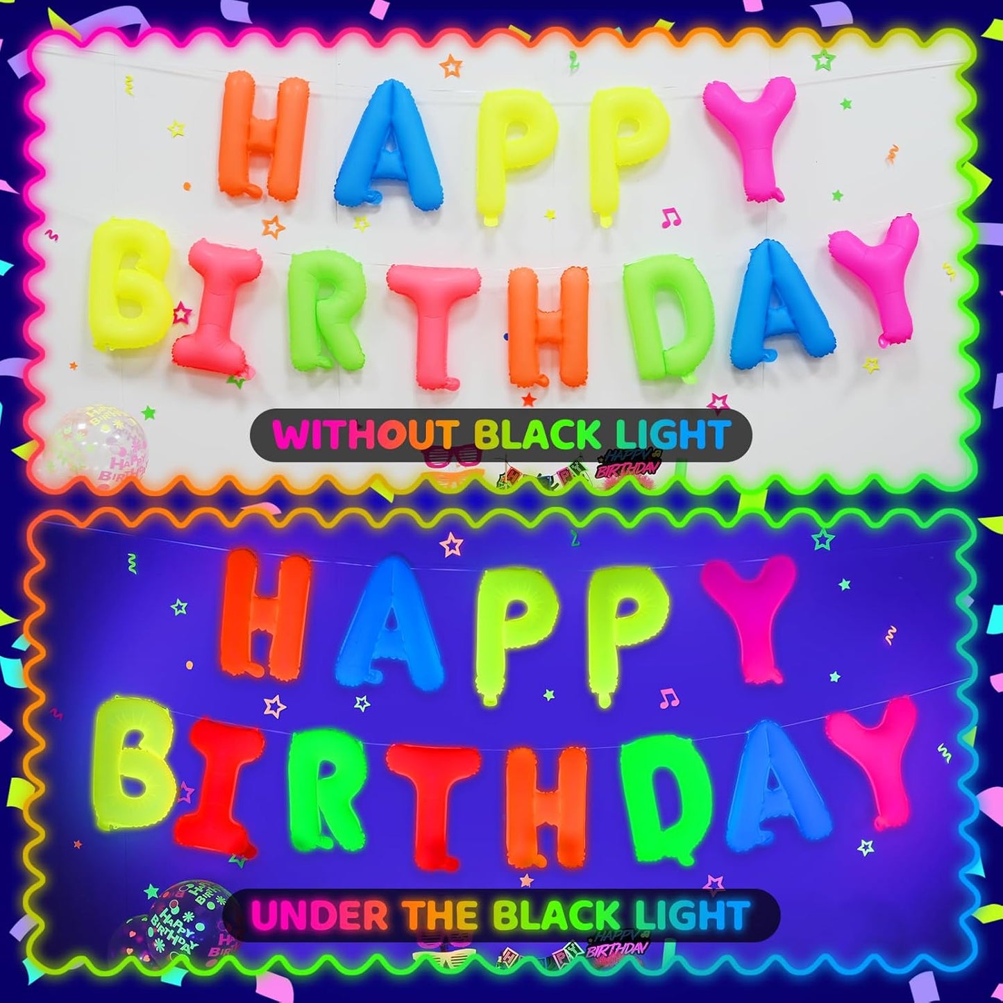 Mega-L Glow in The Dark Party Supplies, 16 Inch Fluorescent Happy Birthday Balloons,Black Light Happy Birthday Sign Photo Booth Props Primary Color Birthday Party Decor for Neon Party
