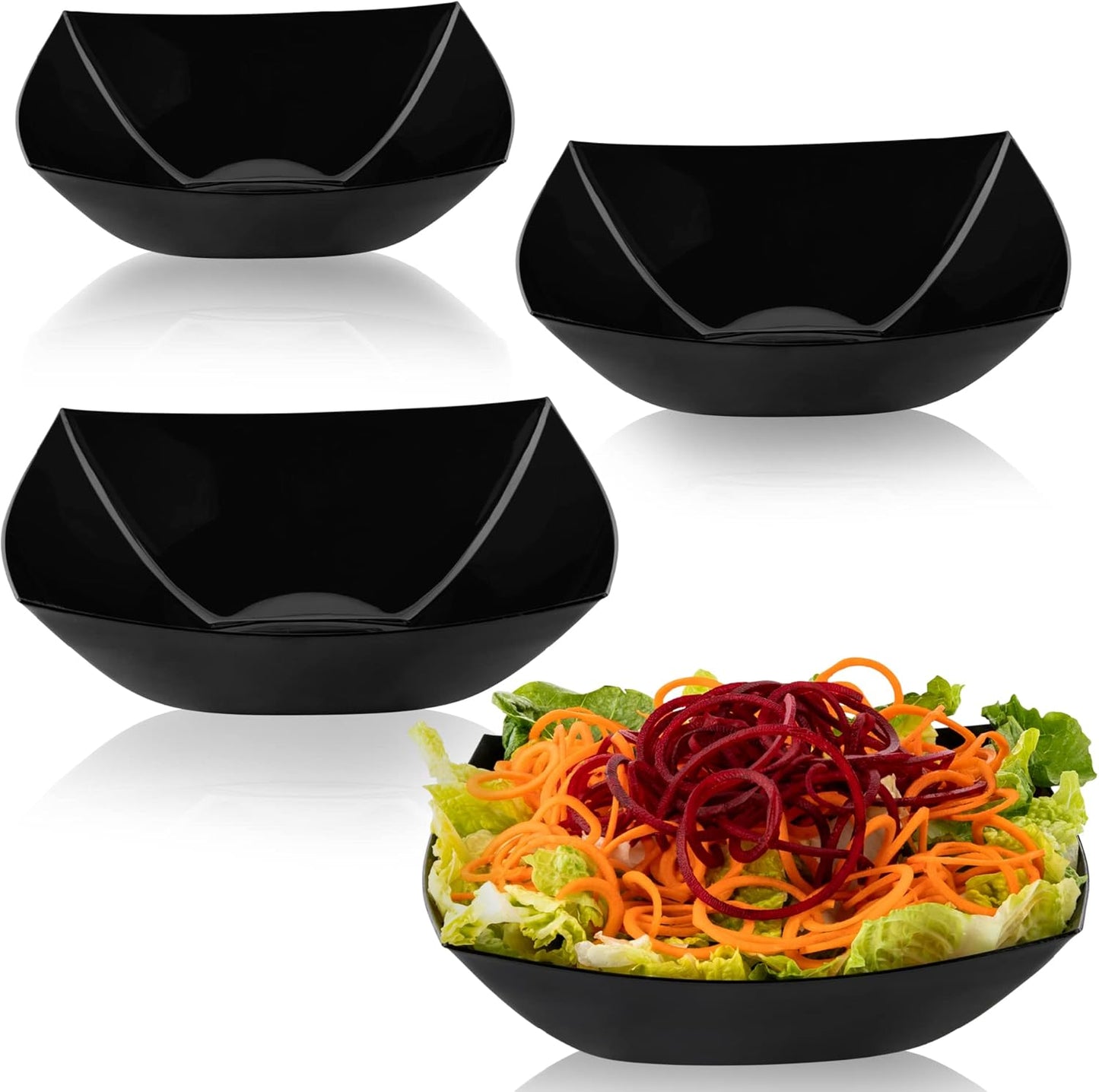 PLASTICPRO Disposable Square Serving Bowls, Party Snack or Salad Bowl, Plastic Black Pack of 4, 64 OUNCE, Black