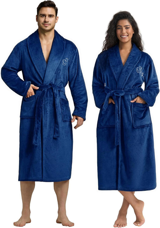 AW BRIDAL 2Pcs Mr and Mrs Robes for Couples Fleece, Matching Long Hooded Robes for Men Women, His and Hers Wedding Gifts