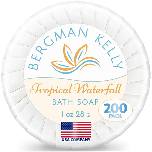 BERGMAN KELLY - Hotel Soap Bars in Bulk - Tropical Waterfall, 1 oz, 200 PK - Small Individually Wrapped Round Soap - Travel Size Mini Toiletries for Airbnb, Motel, Guest Bathroom