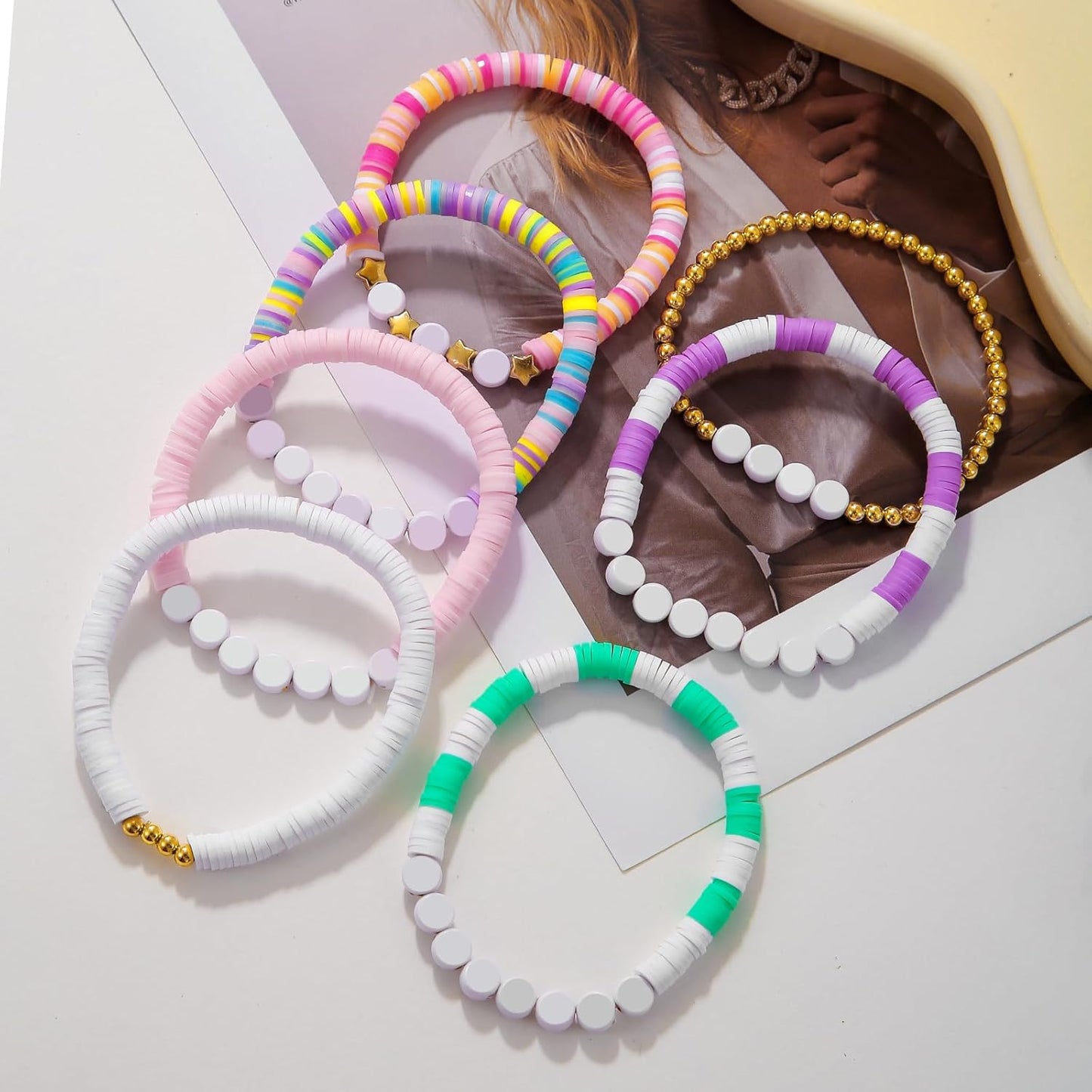 Friendship Bracelets for Women - Heishi Surfer Colorful Smile Evil Eye Clay Beaded Stretch Bracelets Elastic Layering - Stackable Boho Disc Y2K Aesthetic Summer Jewelry Set.