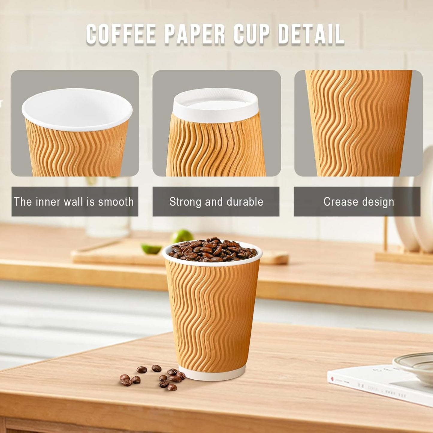 100 Pack 12 oz Disposable Paper Coffee Cups, Leak Proof Insulated Ripple Wall Hot Cups for Espresso, Coffee, Tea, Hot Chocolate, To Go Drinks (Home, Office, Cafe Bar)