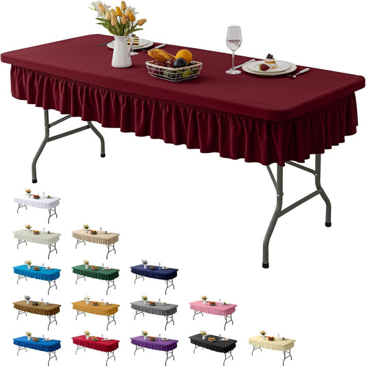 8ft Wine Red Stretch Tablecloth for Rectangular Tables - Flared Wrap Design, Waterproof, Wrinkle-Resistant, Washable - Ideal for Weddings, Parties, Banquets & Table Protection