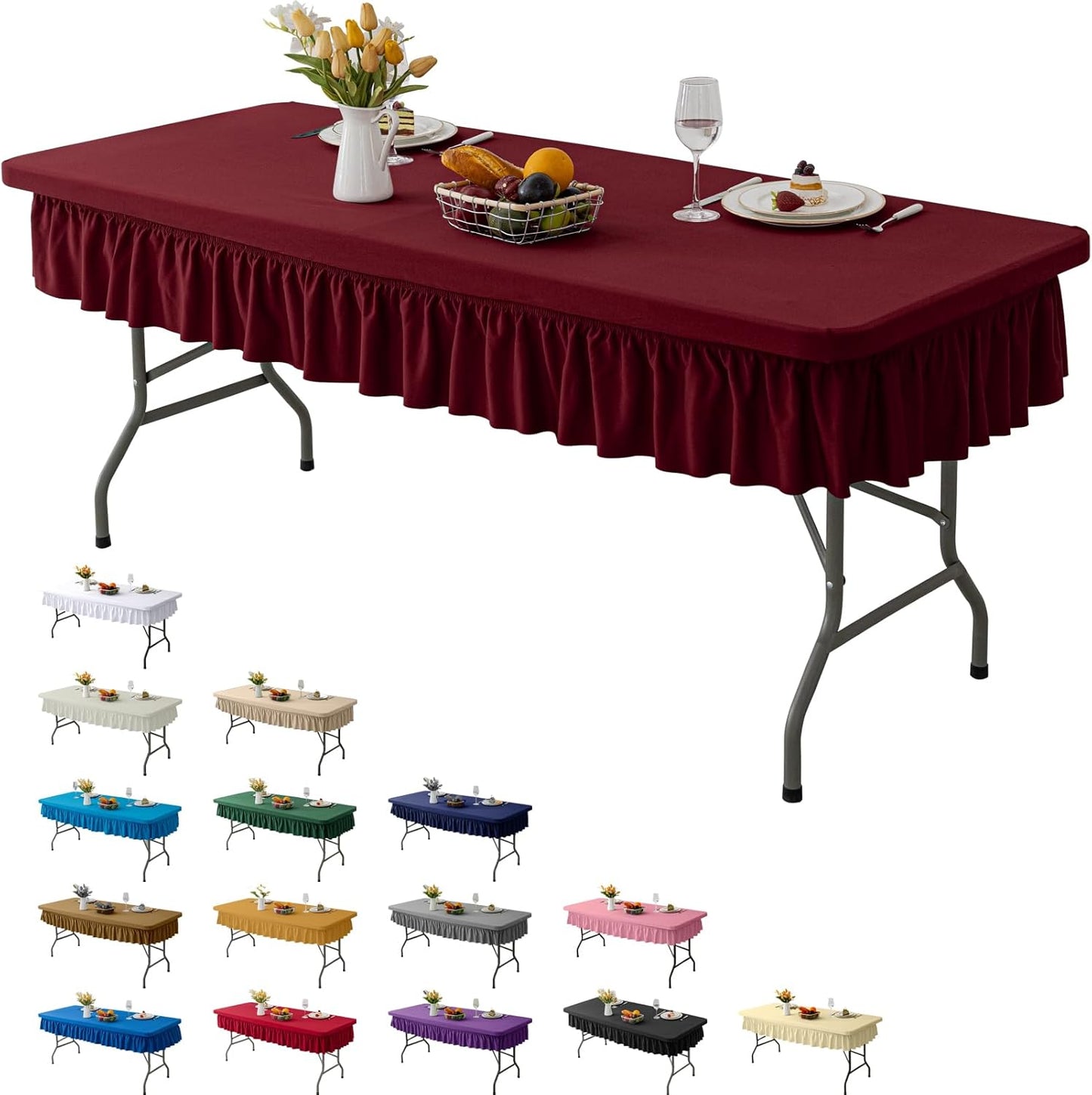 4ft Wine Red Stretch Tablecloth for Rectangular Tables - Flared Wrap Design, Waterproof, Wrinkle-Resistant, Washable - Ideal for Weddings, Parties, Banquets & Table Protection