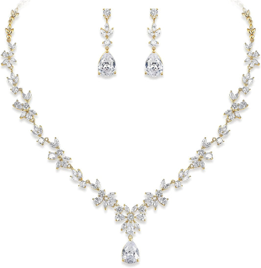 EVER FAITH Bridal Jewelry Set for Bride Bridesmaid, Flower Leaf Teardrop Cubic Zirconia Necklace Dangle Earrings Bracelet Sets Wedding Party for Women