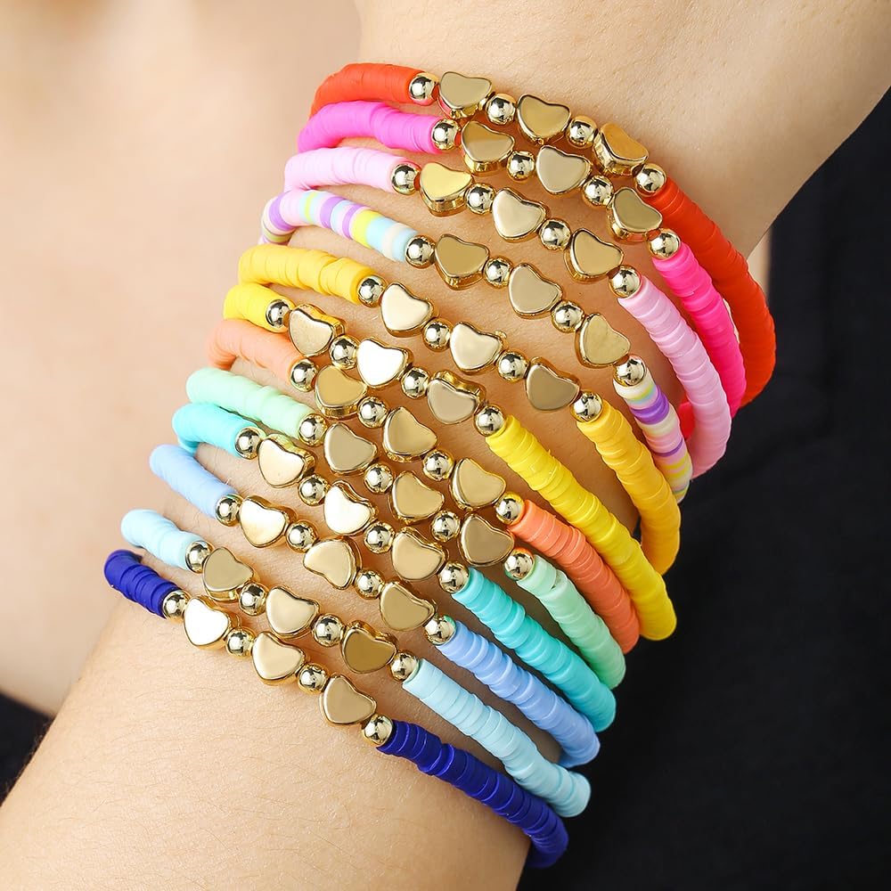 Friendship Bracelets Boho Stackable Bracelets for Women Surfer Heishi Clay Bead Bracelets Stretch Preppy Bracelets Colorful Boho Bracelets for Women