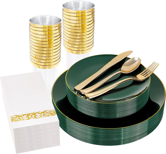 YOUBET 175PCS Green Plastic Plates - Green and Gold Disposable Plates Include 50 Plate, 75 Silverware, 25 Cups, 25 Napkins for Wedding & Party & Christmas