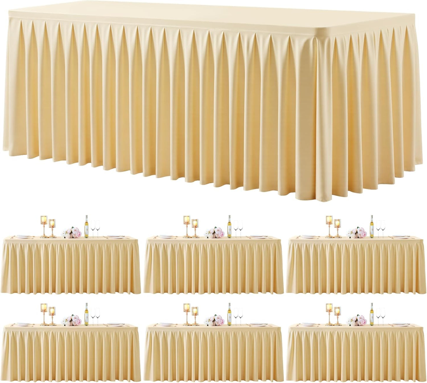 6 Pack Beige Rectangle Tablecloth 8 FT Stretch Spandex Fitted Table Cloth for 8 Foot Rectangle Tables Banquet Tablecloths Wrinkle Free Table Cover Skirt Ruffle Tablecloth for Party Wedding Birthday