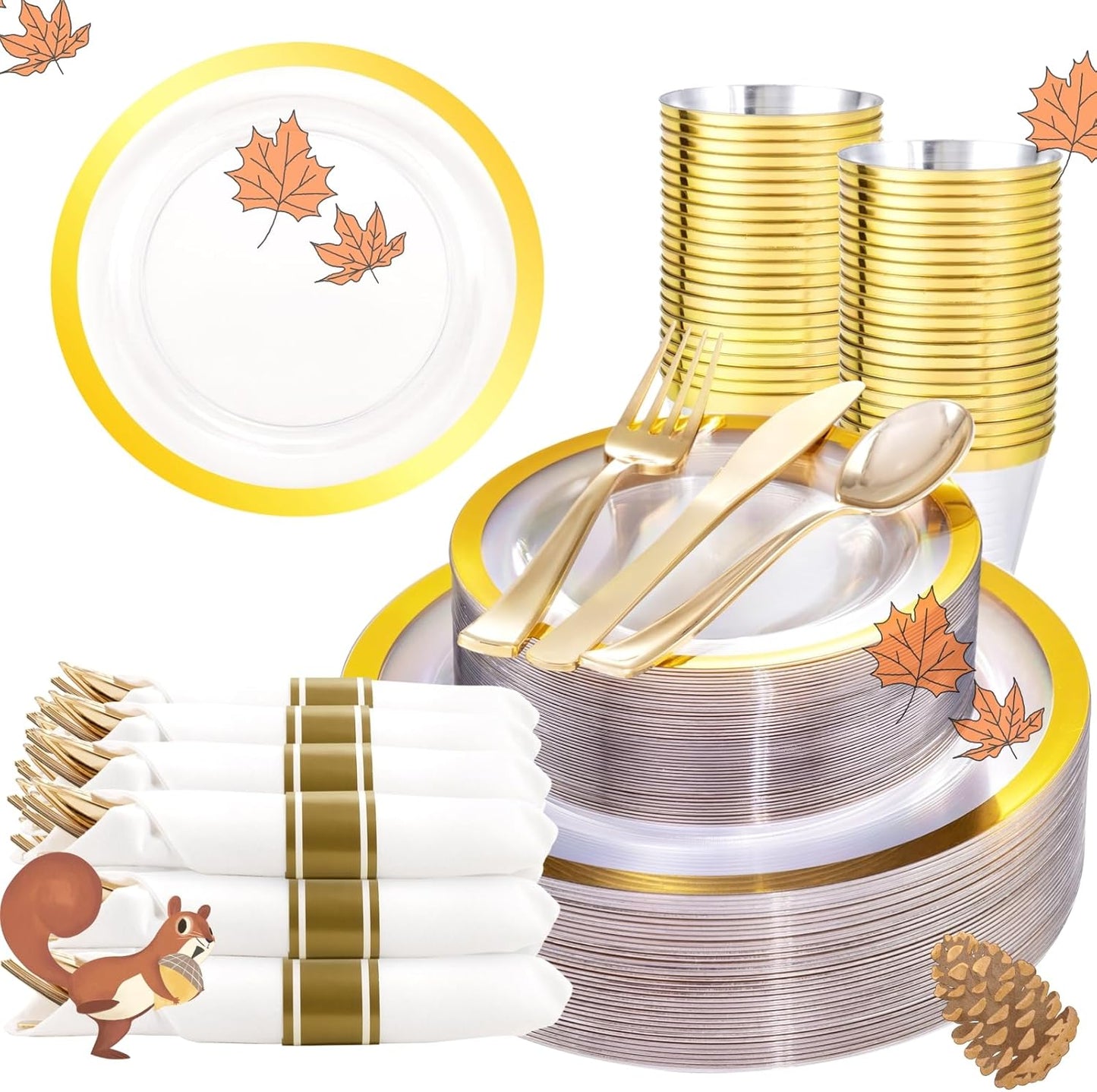 Liacere 350PCS Clear Gold Plastic Plates for 50 Guests Dinnerware Include 100 disposable Plates 150 Gold Silverware 50Napkins for Party&Wedding&Thanksgiving&Fall Decor