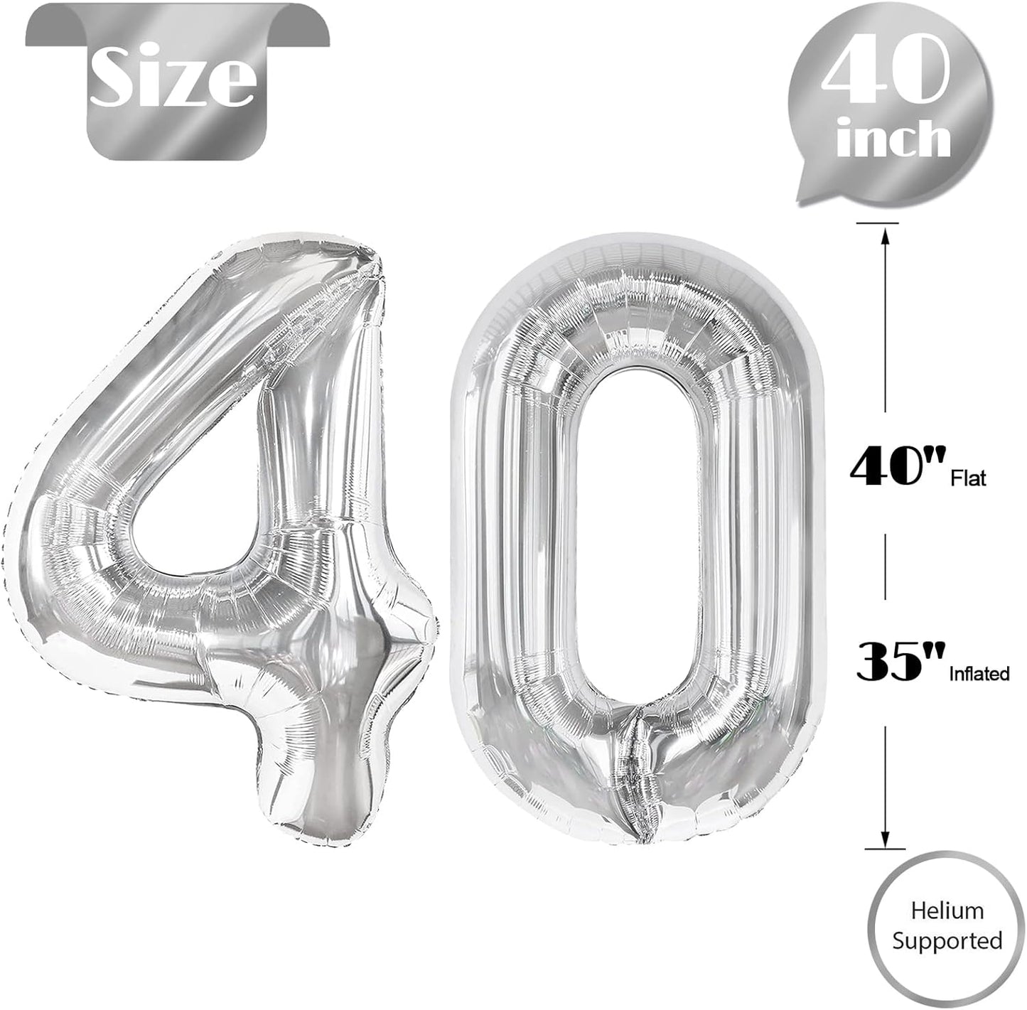 Silver Number 40 Balloon 40 Inch, 40th Birthday Party Decorations for Children, Giant 40 Foil Balloon for Party Supplies