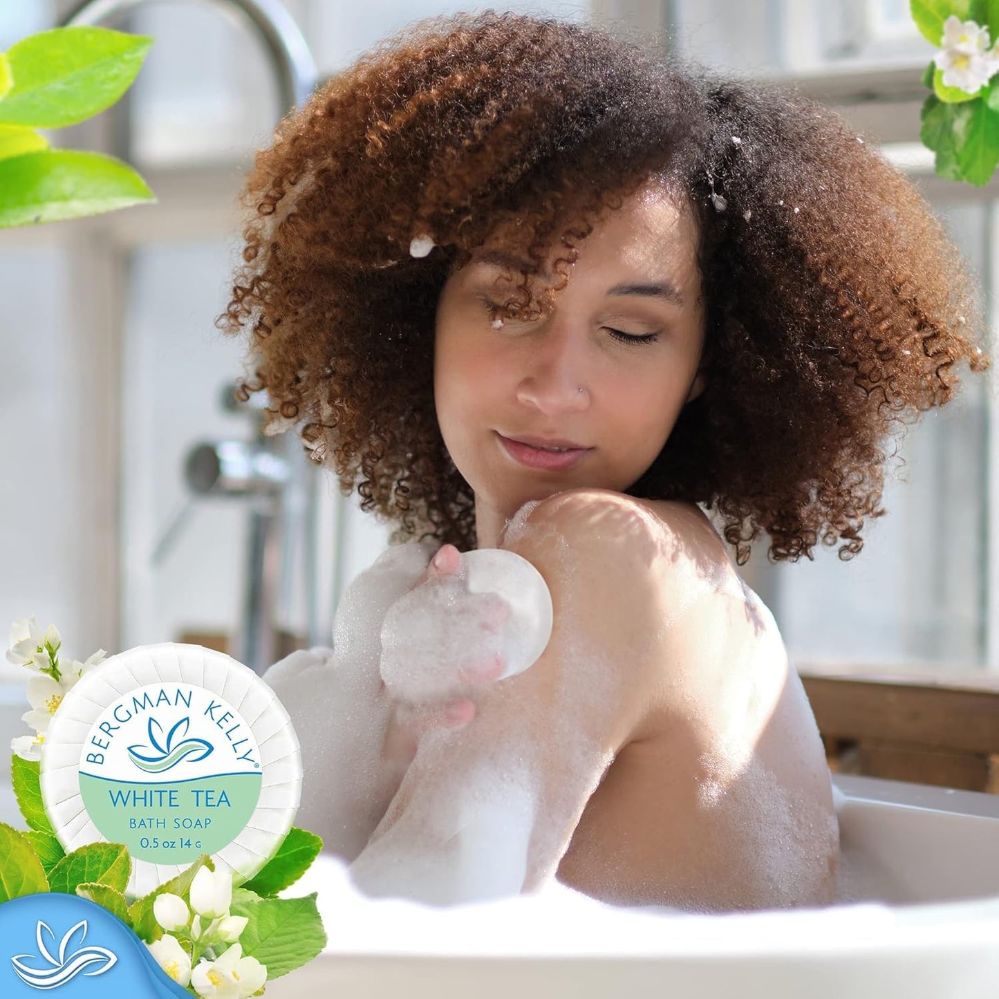 BERGMAN KELLY - Hotel Soap Bars - White Tea, 0.5 oz, 39000 PK - Travel Size Luxury Bulk Amenities Bar Soap, Mini Individually Wrapped Round Soap - Small Toiletries for Airbnb, Motel, Guest Bathroom