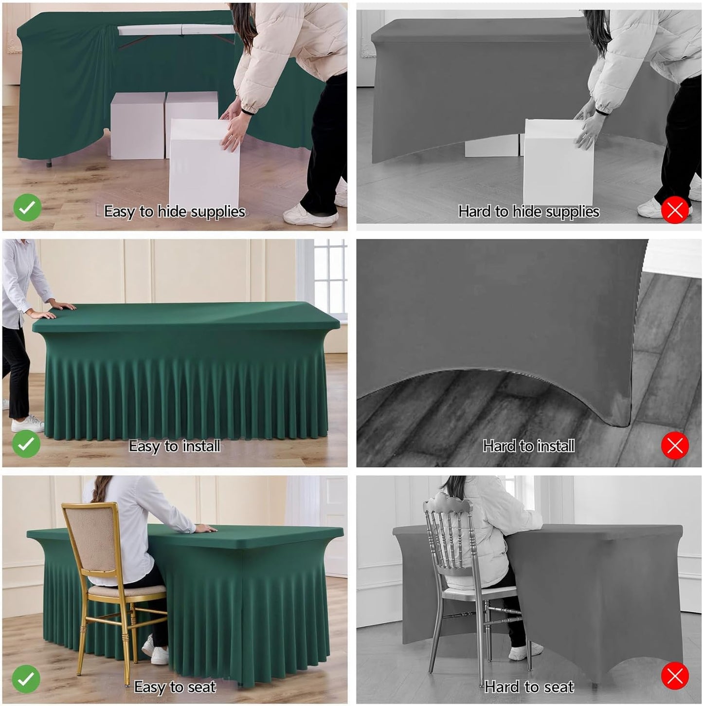 Hunter Green Spandex Table Clothes for 8 Foot Rectangle Tables, 2 Pack Wrinkle Free Rectangle Table Cloth 8ft Stretch Fitted Tablecloths with Skirt for Parties Weddings Birthday Banquet Baby Shower