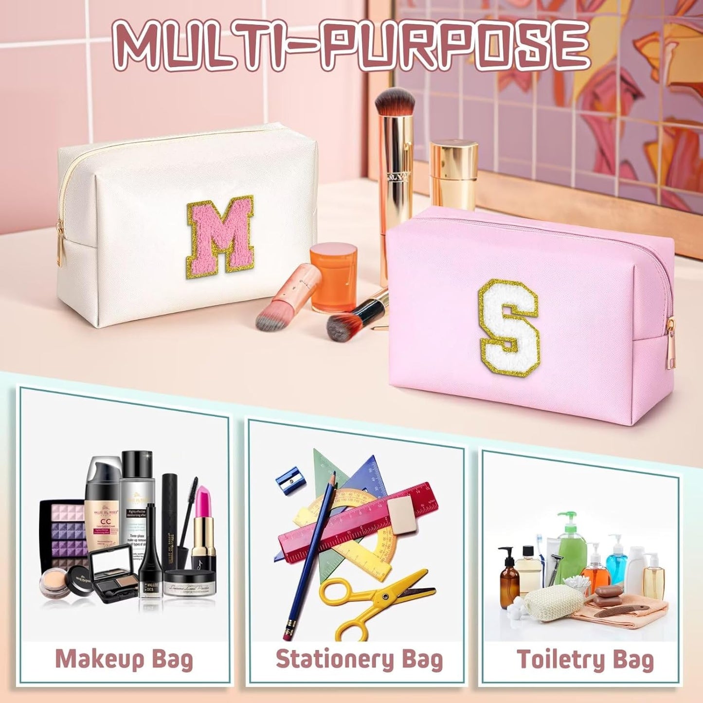 TOPEAST Initial Makeup Bags for Women, Personalized Portable Cosmetic Bag with Zipper, Cute Makeup Pouch, Bridesmaid Gifts for Wedding Day, Girl Trendy Stuff(Pink X)