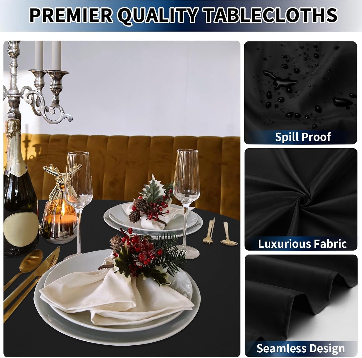 PureFit 10 Pack Round Black Table Cloths 70 Inch for Round Tables, Stain and Wrinkle Resistant Table Linens for Home Use, Wedding, Party, Banquet and Camping