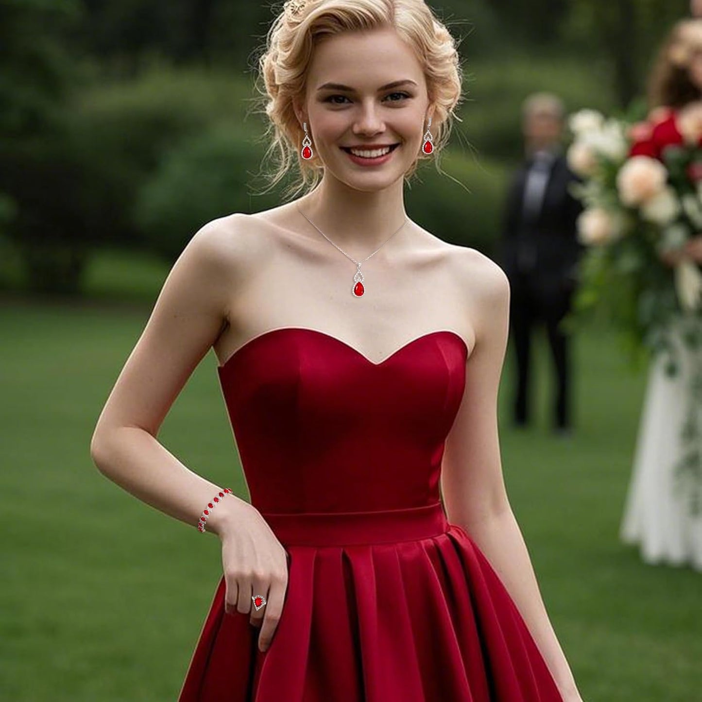 BriLove Wedding Jewelry Set for Women Bride Bridesmaid, Gorgeous Cubic Zirconia Teardrop Necklace Earrings Bracelet Adjustable Ring Jewelry Gift for Birthday/Anniversary/Mother’s Day