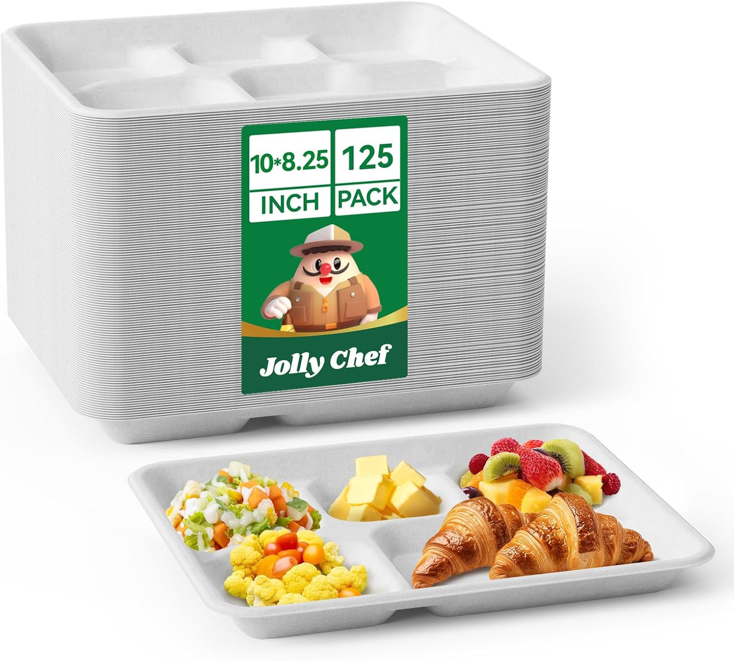 JOLLY CHEF Compostable 𝟱 Compartment Paper Plates 10*8.25*1 𝗶𝗻𝗰𝗵 [𝟭𝟮𝟱 𝗣𝗮𝗰𝗸] Small Heavy Duty Divided Disposable White Eco-Friendly Biodegradable Food Tray for School Lunch Thanksgiving Day
