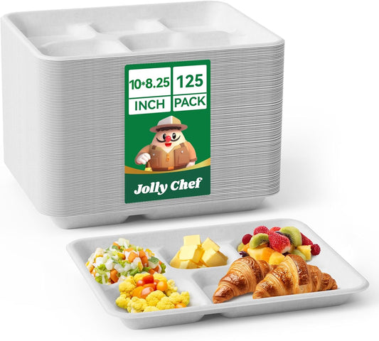 JOLLY CHEF Compostable 𝟱 Compartment Paper Plates 10*8.25*1 𝗶𝗻𝗰𝗵 [𝟭𝟮𝟱 𝗣𝗮𝗰𝗸] Small Heavy Duty Divided Disposable White Eco-Friendly Biodegradable Food Tray for School Lunch Thanksgiving Day