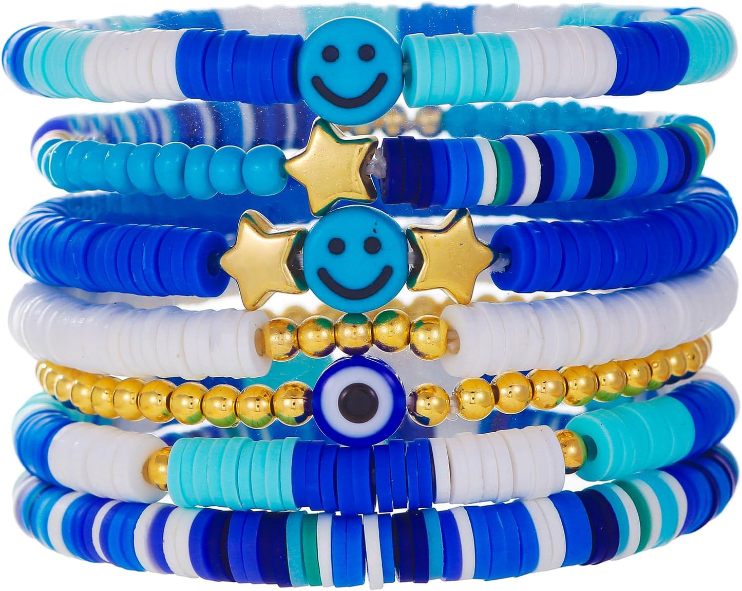 Friendship Bracelets for Women - Heishi Surfer Colorful Smile Evil Eye Clay Beaded Stretch Bracelets Elastic Layering - Stackable Boho Disc Y2K Aesthetic Summer Jewelry Set.