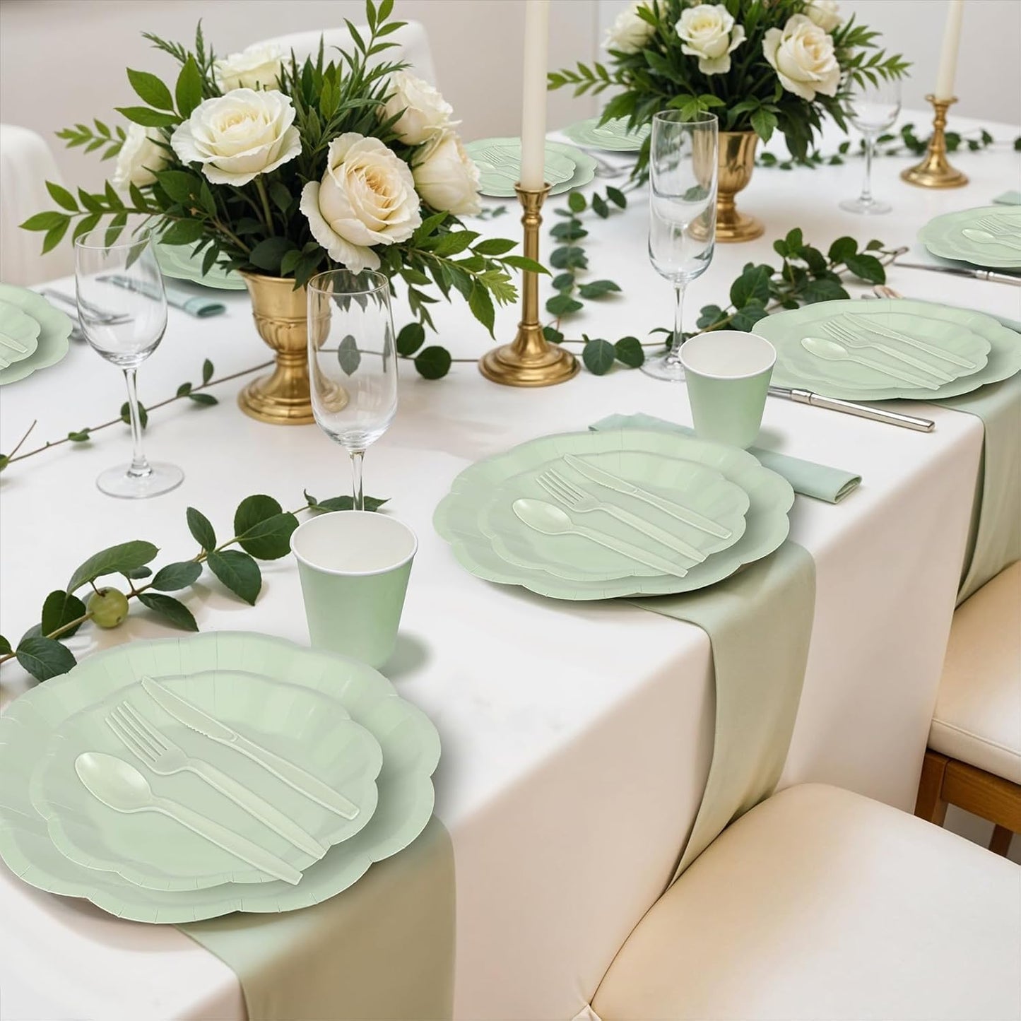 350 Pcs Sage Green Party Supplies Include Scalloped Plate Napkin Cup Forks Knives, Plastic Cutlery 50 Guest Disposable Party Tableware Set for Wedding Baby Shower Bridal Shower Birthday Parties