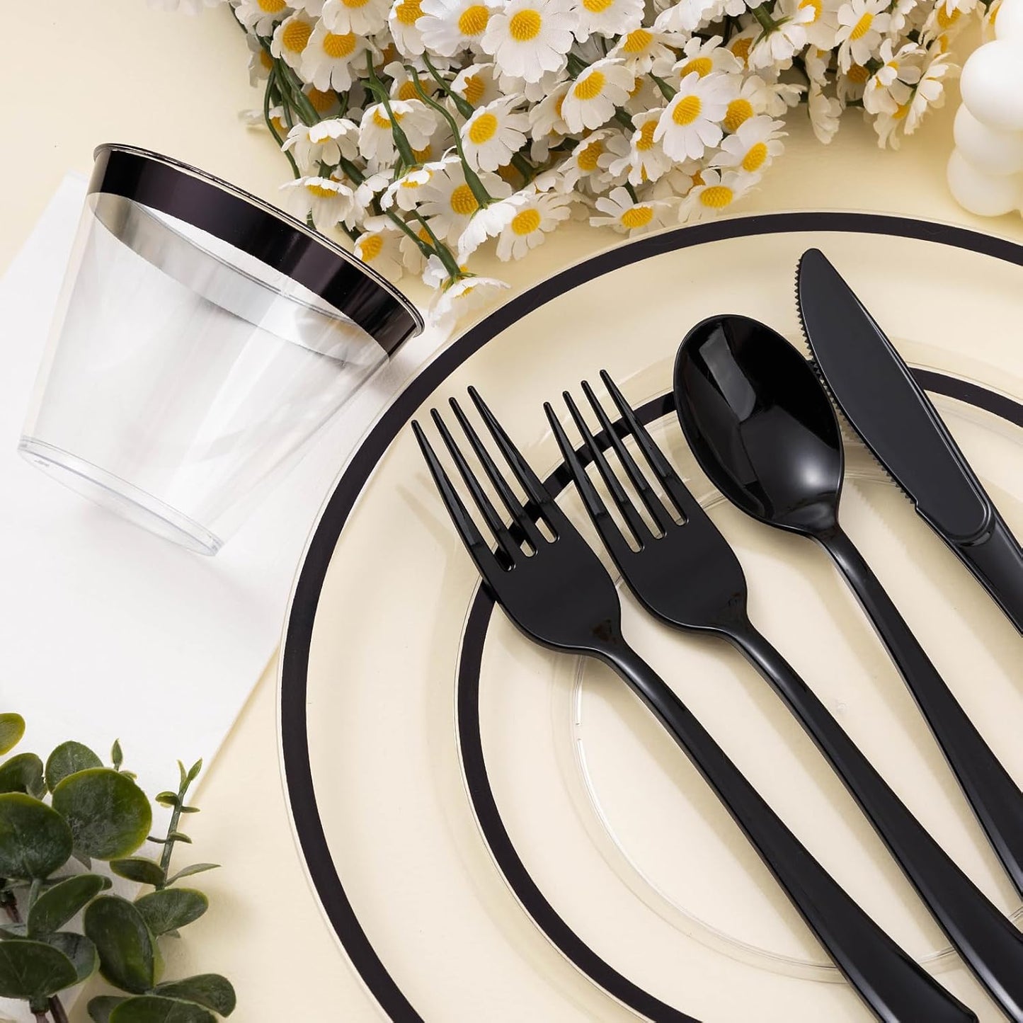 350PCS Black and Clear Plastic Dinnerware Sets for 50 Guests, Include 100 Black Disposable Plates, 100 Forks, 50 Knives, 50 Spoons, 50 Cups,Halloween