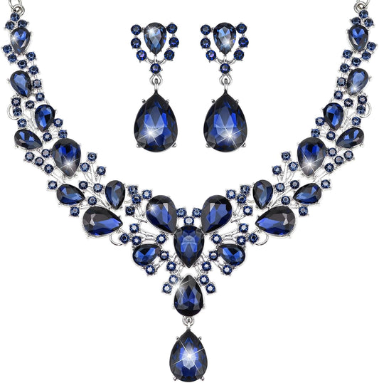 Hicarer Bridal Teardrop Cluster Crystal Jewelry Set for Women Necklace Earrings Wedding