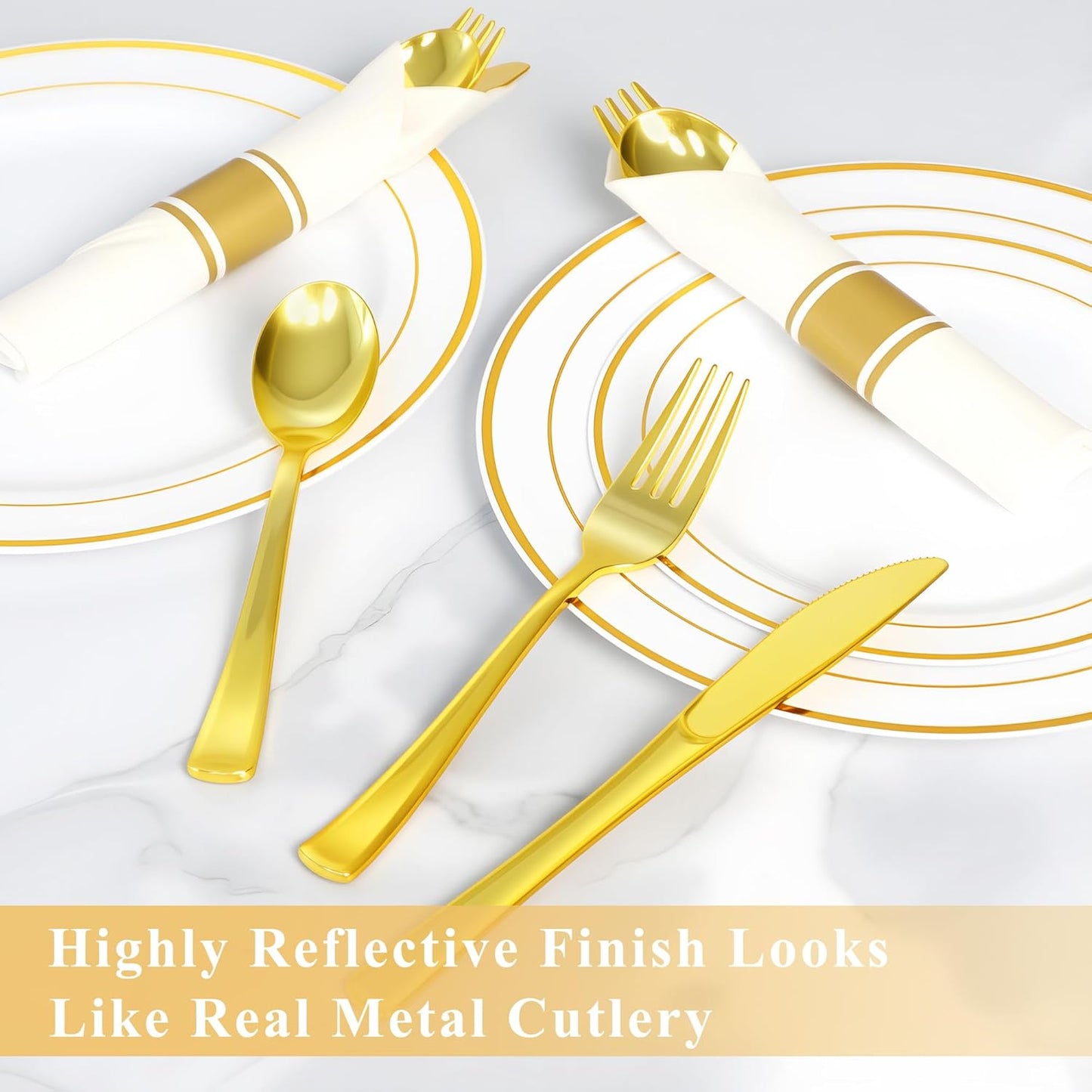 100 Pack Pre Rolled Gold Plastic Silverware Set,Wrapped Plastic Cutlery Set with Napkin Include 100 Forks,100 Spoons,100 Knives and 100 White Napkins for Party, Wedding,showers