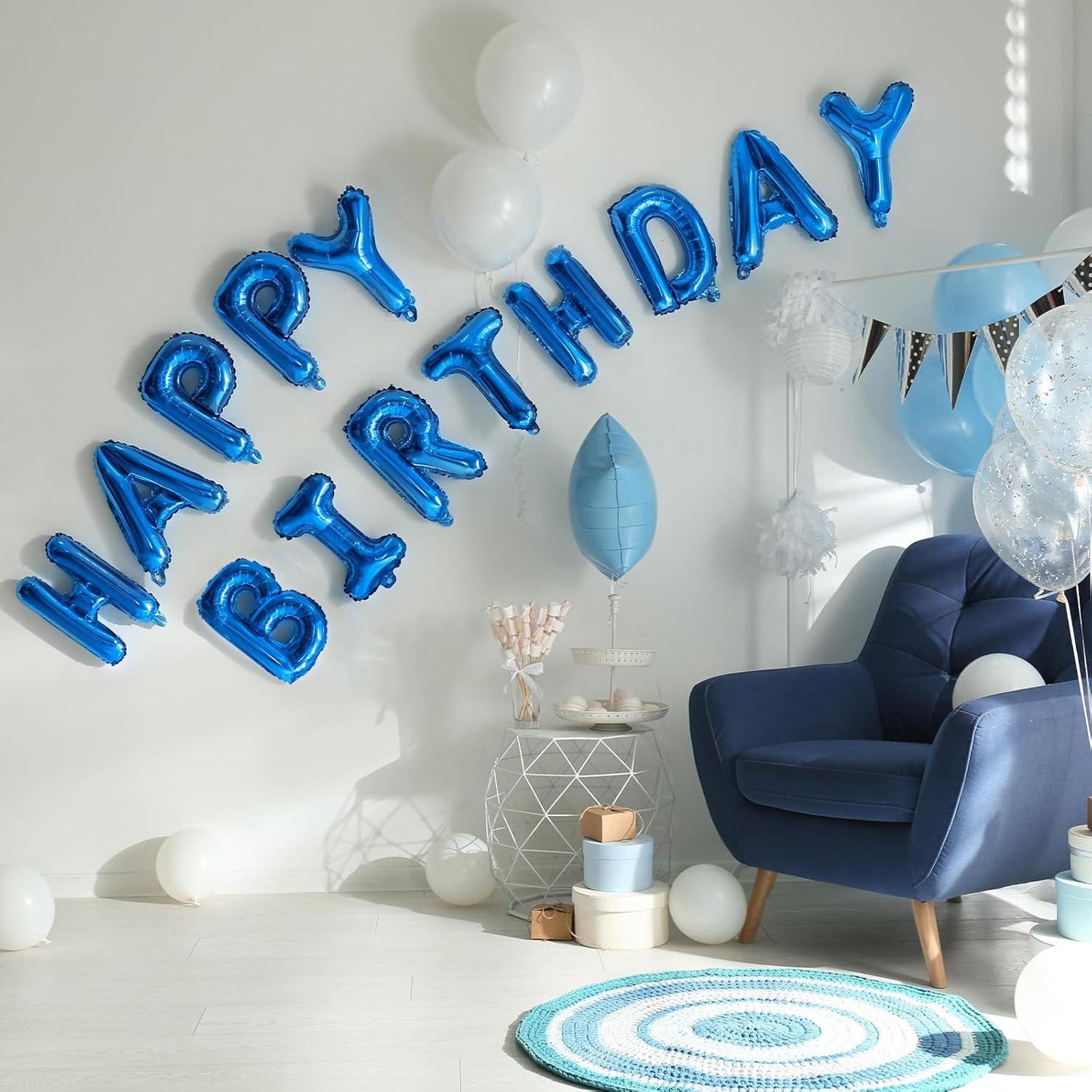 Blue Happy Birthday Balloon Banner, 16 Inch Foil Mylar Happy Birthday Balloons Letters, Reusable Happy Birthday Sign, Blue Birthday Decorations for Women, Men, Boys and Girls